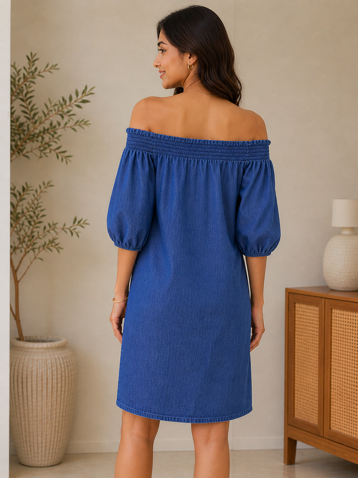 Blue Off Shoulder Denim Dress