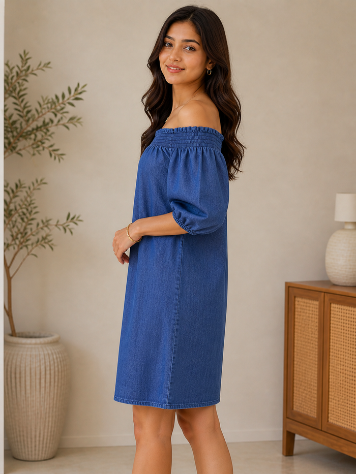 Blue Off Shoulder Denim Dress