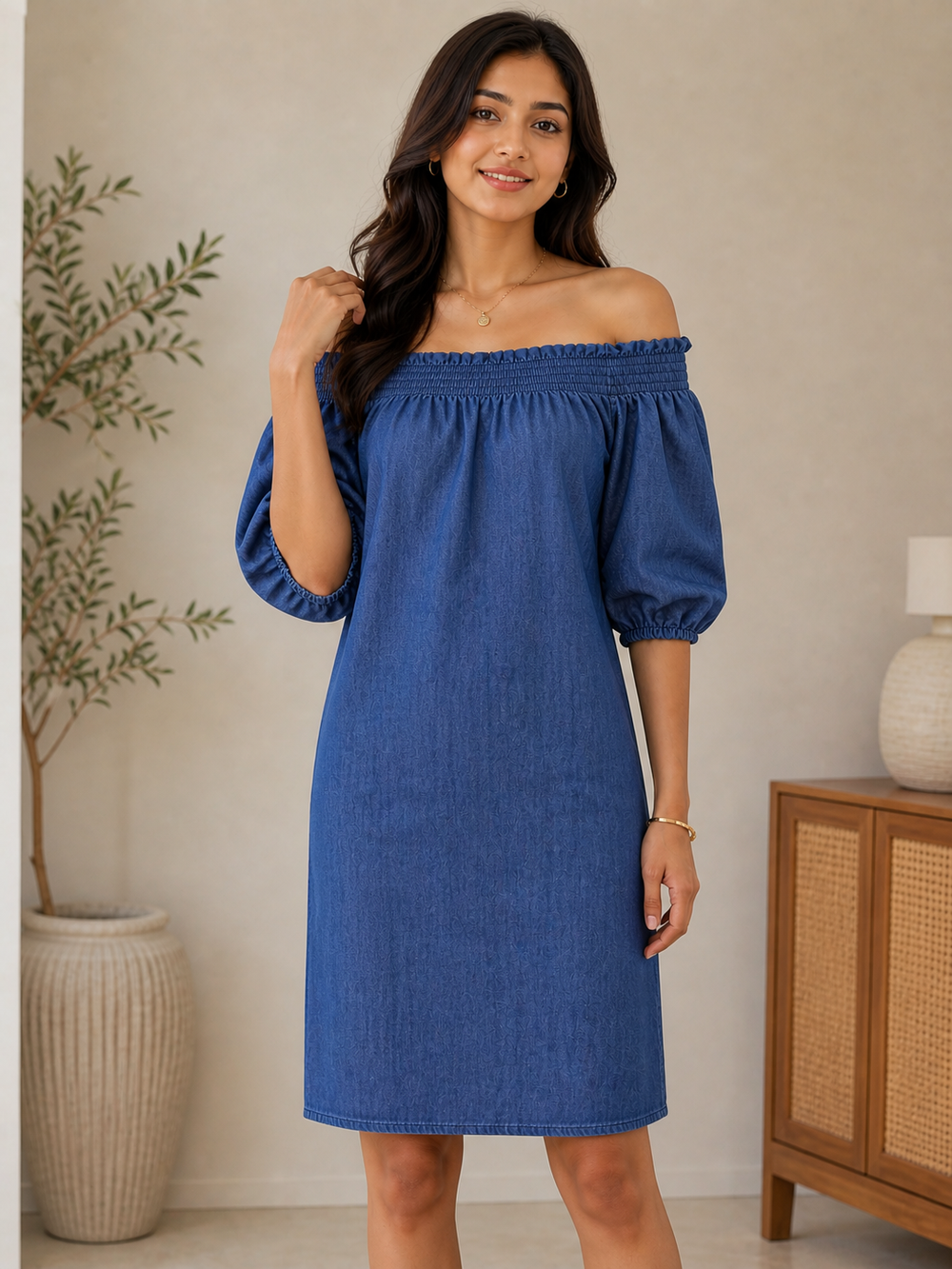 Blue Off Shoulder Denim Dress