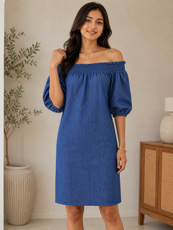 Blue Off Shoulder Denim Dress