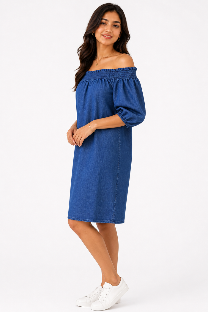 Blue Off Shoulder Denim Dress