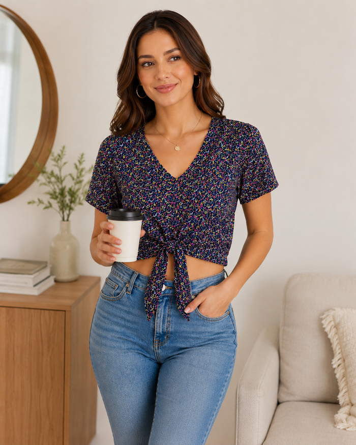 Floral V-Neck Tie-Up Crop Top