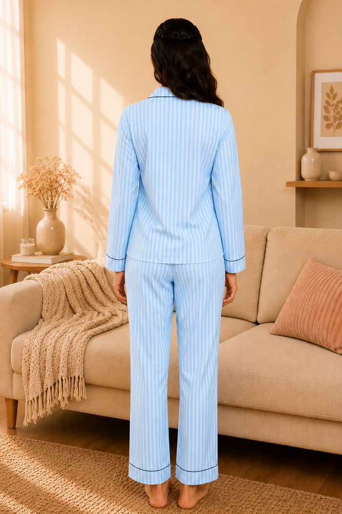 AMPK Blue Stripe Cotton Night Suit