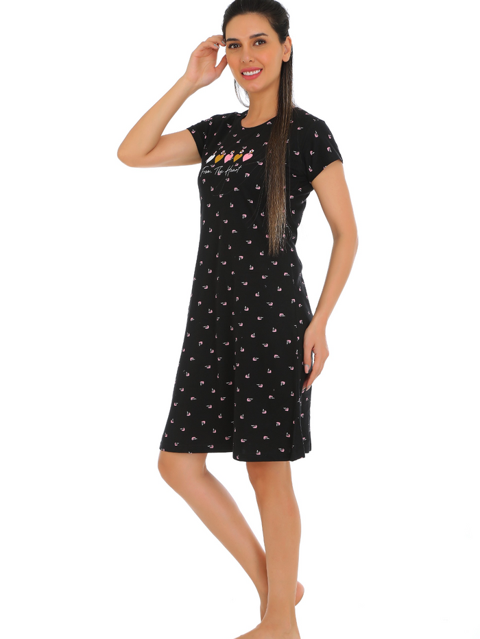 Black Printed Short Night Dress