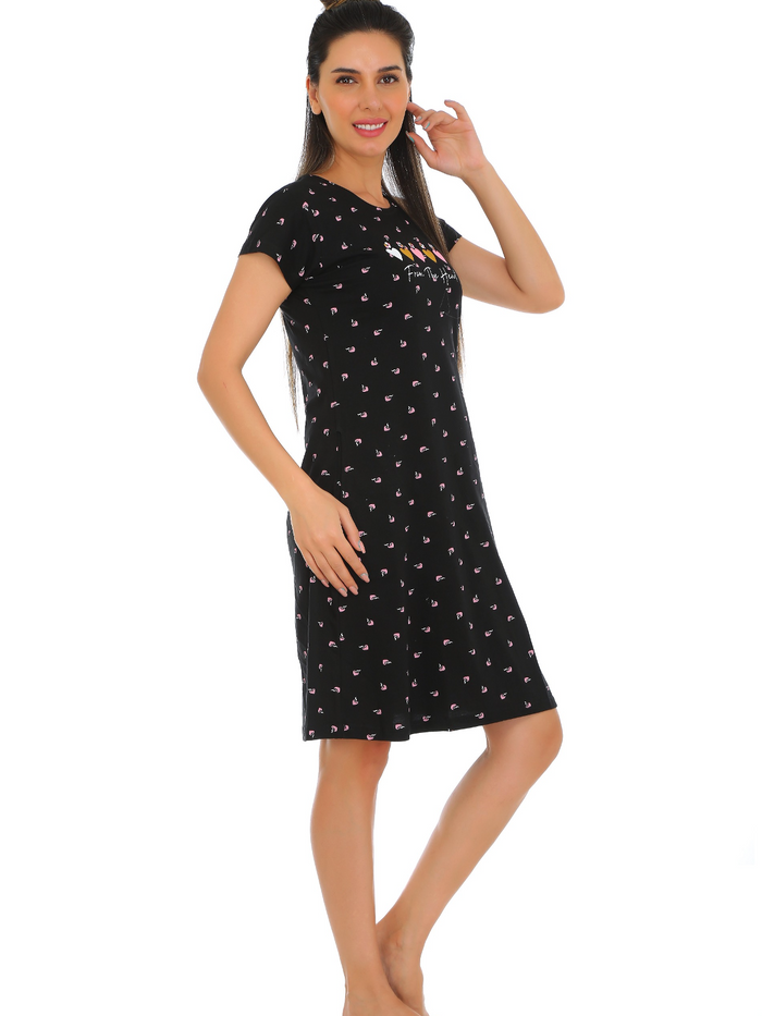Black Printed Short Night Dress