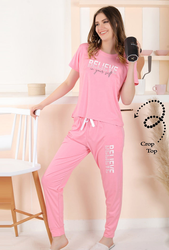 Gudnini-Stylish-Soft-Fabric-Text-Printed-Crop-Top-Narrow-Bottom-Set-Baby-Pink