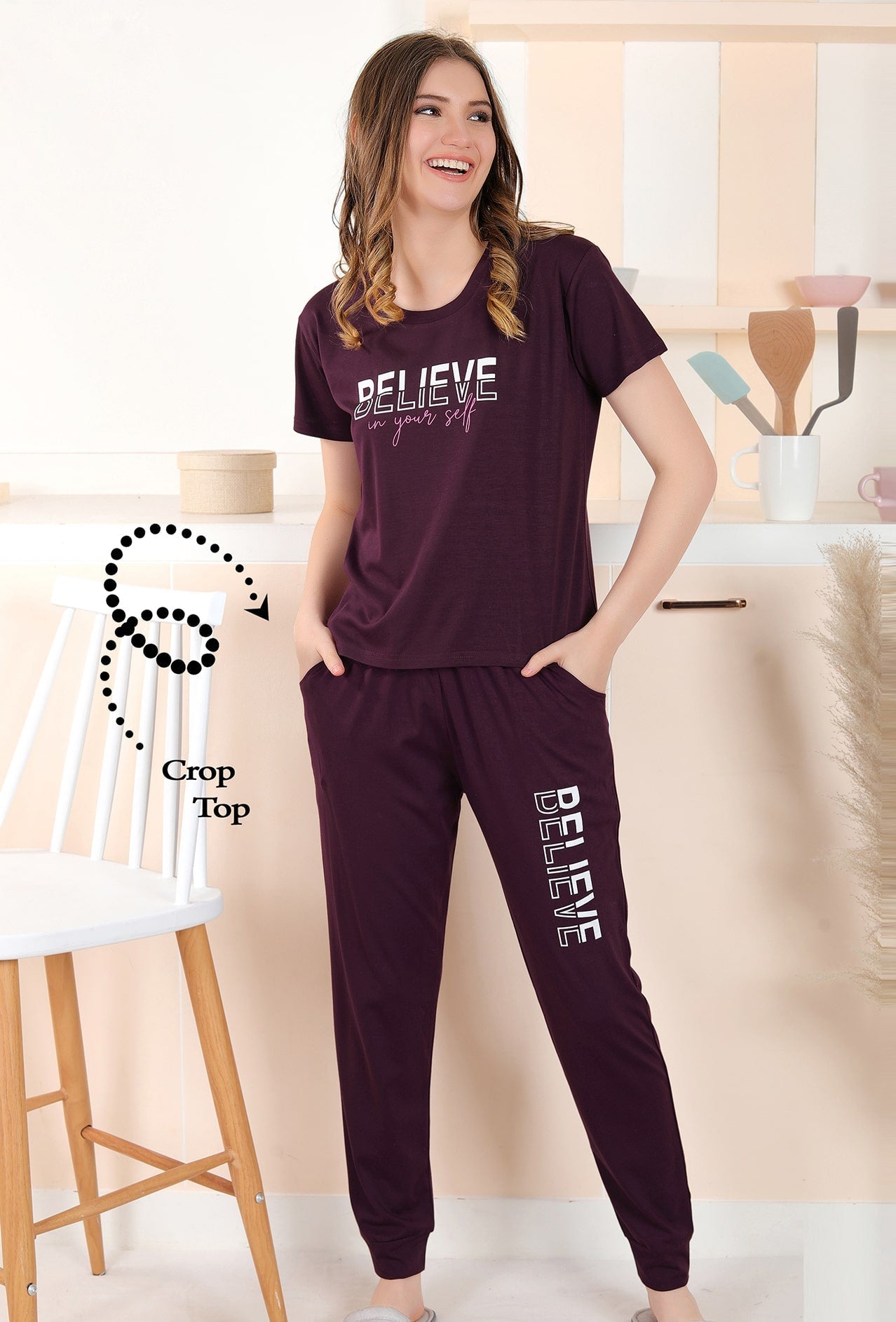 Gudnini-Stylish-Soft-Fabric-Text-Printed-Crop-Top-Narrow-Bottom-Set-Cranberry