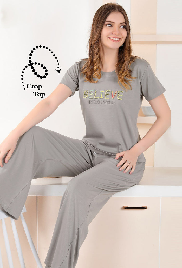 Gudnini-Stylish-Soft-Fabric-Text-Embosed-Crop-Top-Plazo-Set-Grey