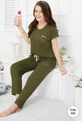 Gudnini Hosiery Cotton Plain T-Shirt Pyjama Set - Mehendi Green